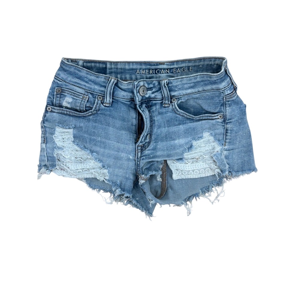 American Eagle Denim Shortie  Shorts Lace Distressed Blue Women Size‎ 4